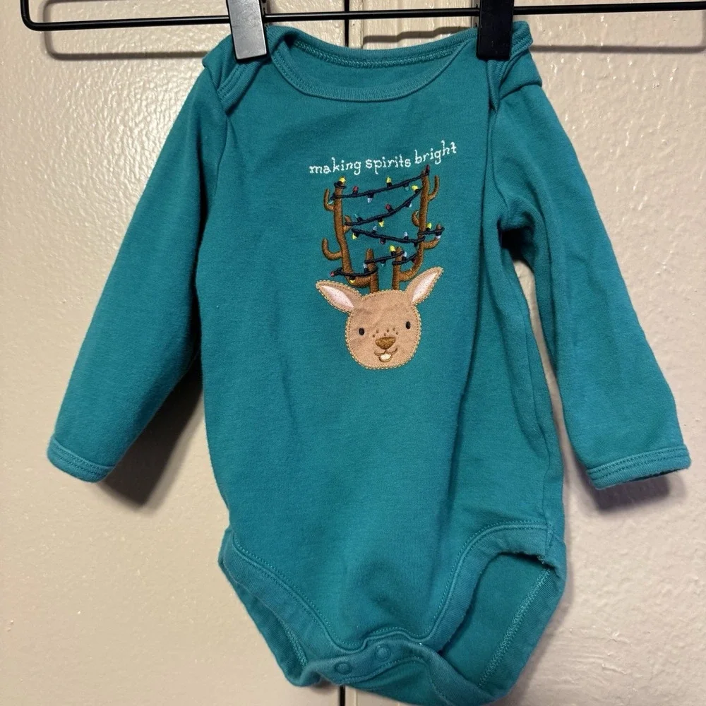 Gymboree One Piece Infant 3-6 Months Green‎ Reindeer Making Spirits Bright